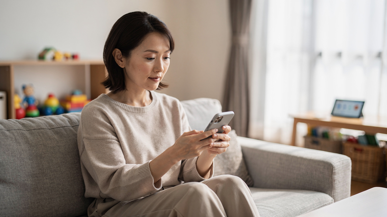 日本の自宅のリビングで、母親がソファに座り、スマートフォンを操作して子どもたちのタブレットの画面時間設定を確認している。子どもたちは別の場所で遊んでおり、リビングは明るく、家族的な雰囲気。