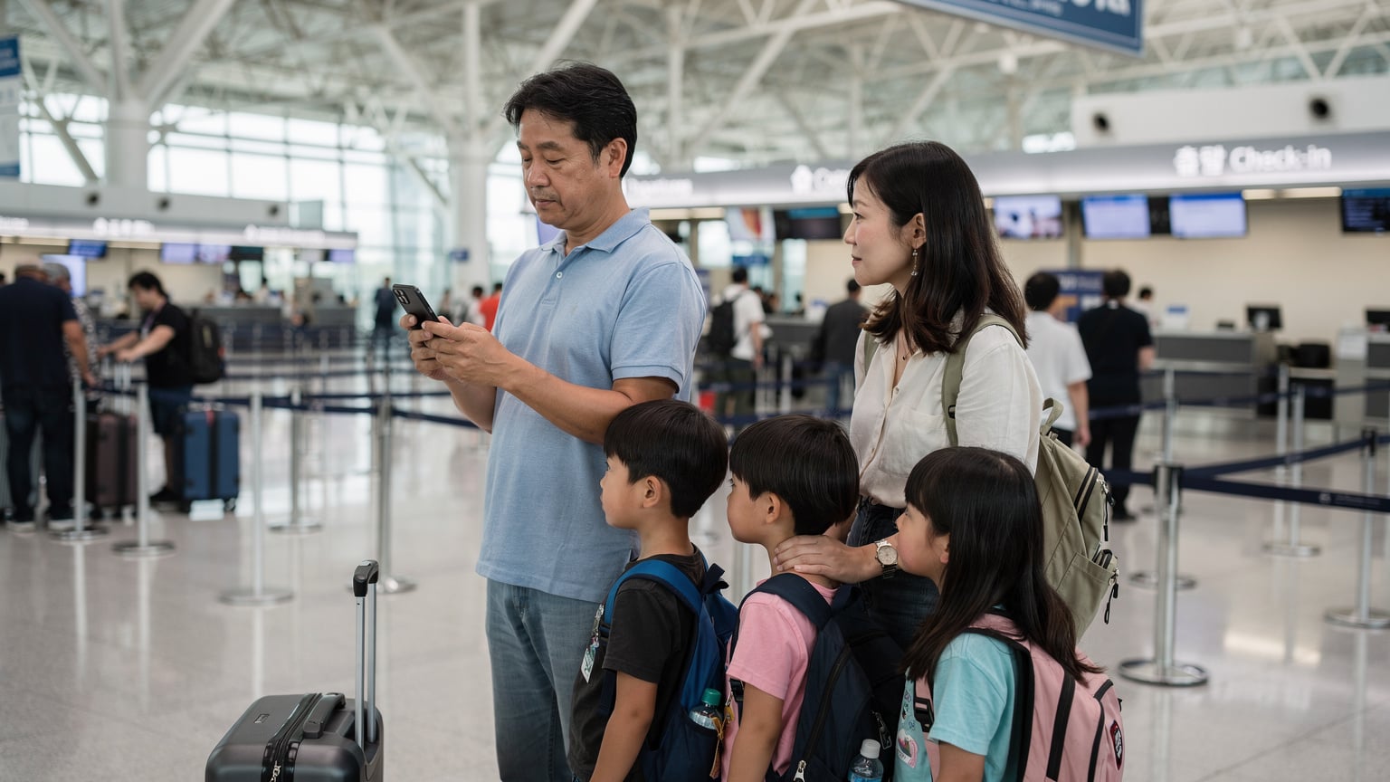 仁川国際空港のチェックインカウンターで、父親がスマートフォンを操作しながら、子どもたちと母親が搭乗手続きの列に並んでいる様子。父親はeSIMの設定画面を見ている。