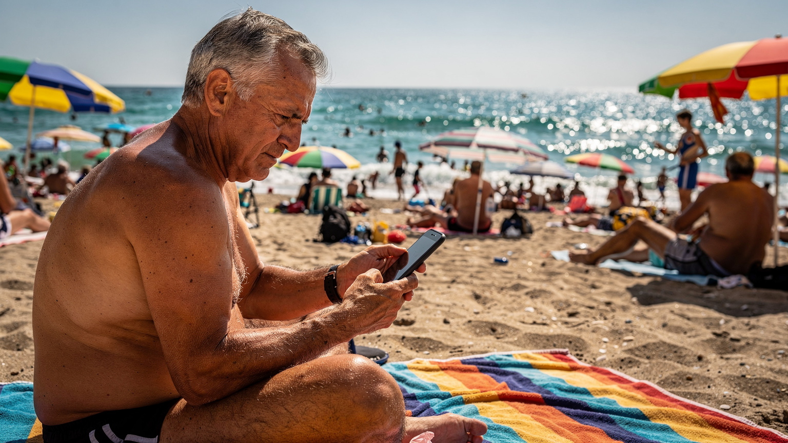 Un uomo anziano con espressione frustrata guarda il suo smartphone con 'nessun servizio' mentre si trova su una spiaggia affollata di Gallipoli a Ferragosto, la sabbia e gli ombrelloni dietro di lui.