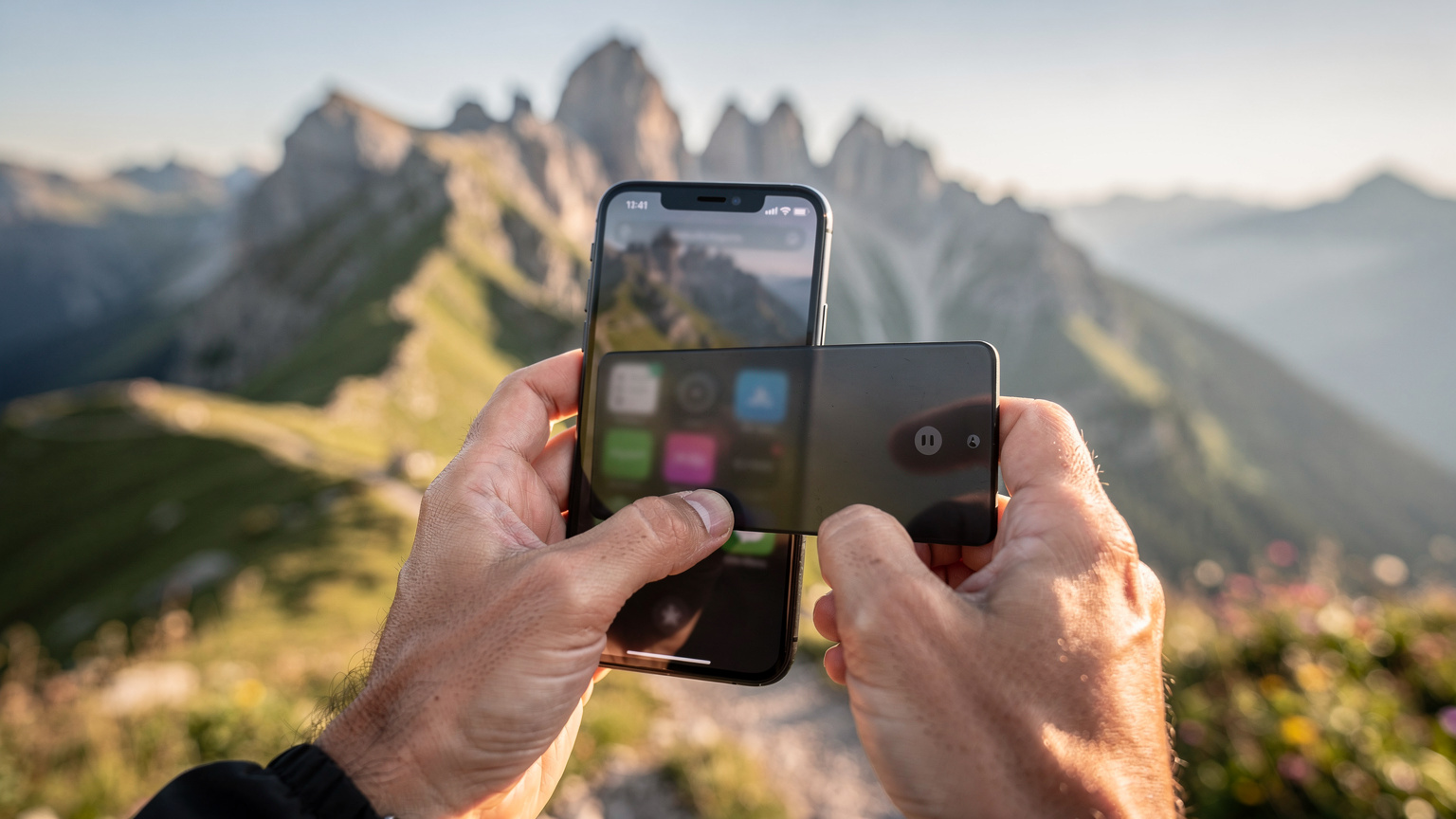 Un primo piano di mani che regolano le impostazioni della rete cellulare su uno smartphone, con un paesaggio montano italiano sfocato sullo sfondo, evocando la necessità di connessione in aree remote.