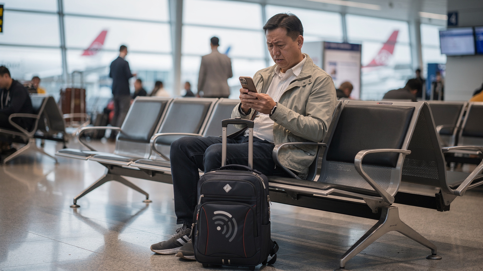 一位疲憊的中國旅行者坐在一個擁擠的國際機場候機大廳的長椅上,焦慮地查看手機,屏幕顯示無網絡信號,表情沮喪。