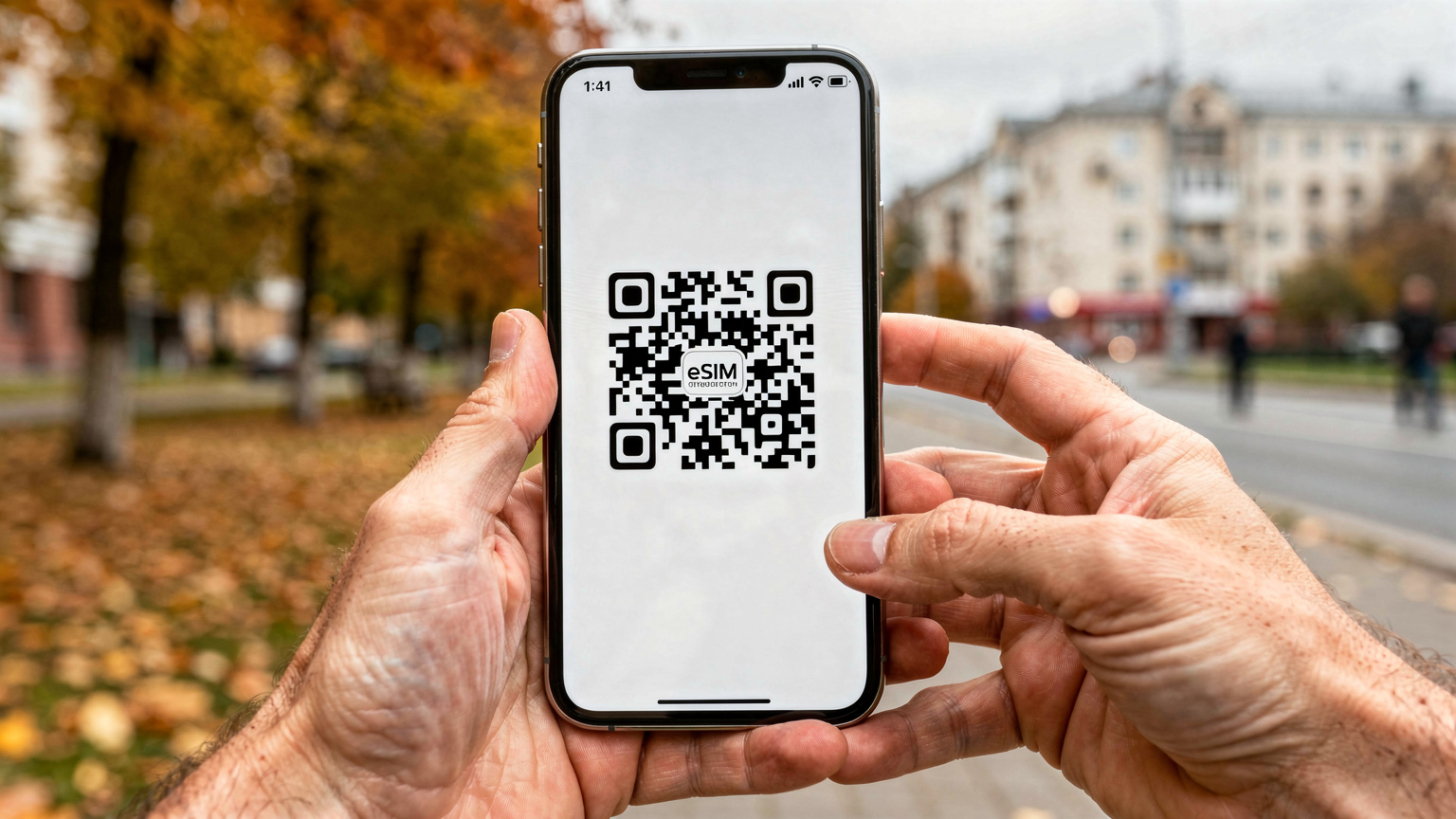 Крупный план рук, держащих смартфон, на экране которого отображается QR-код для активации eSIM, на фоне размытого осеннего пейзажа российского города.