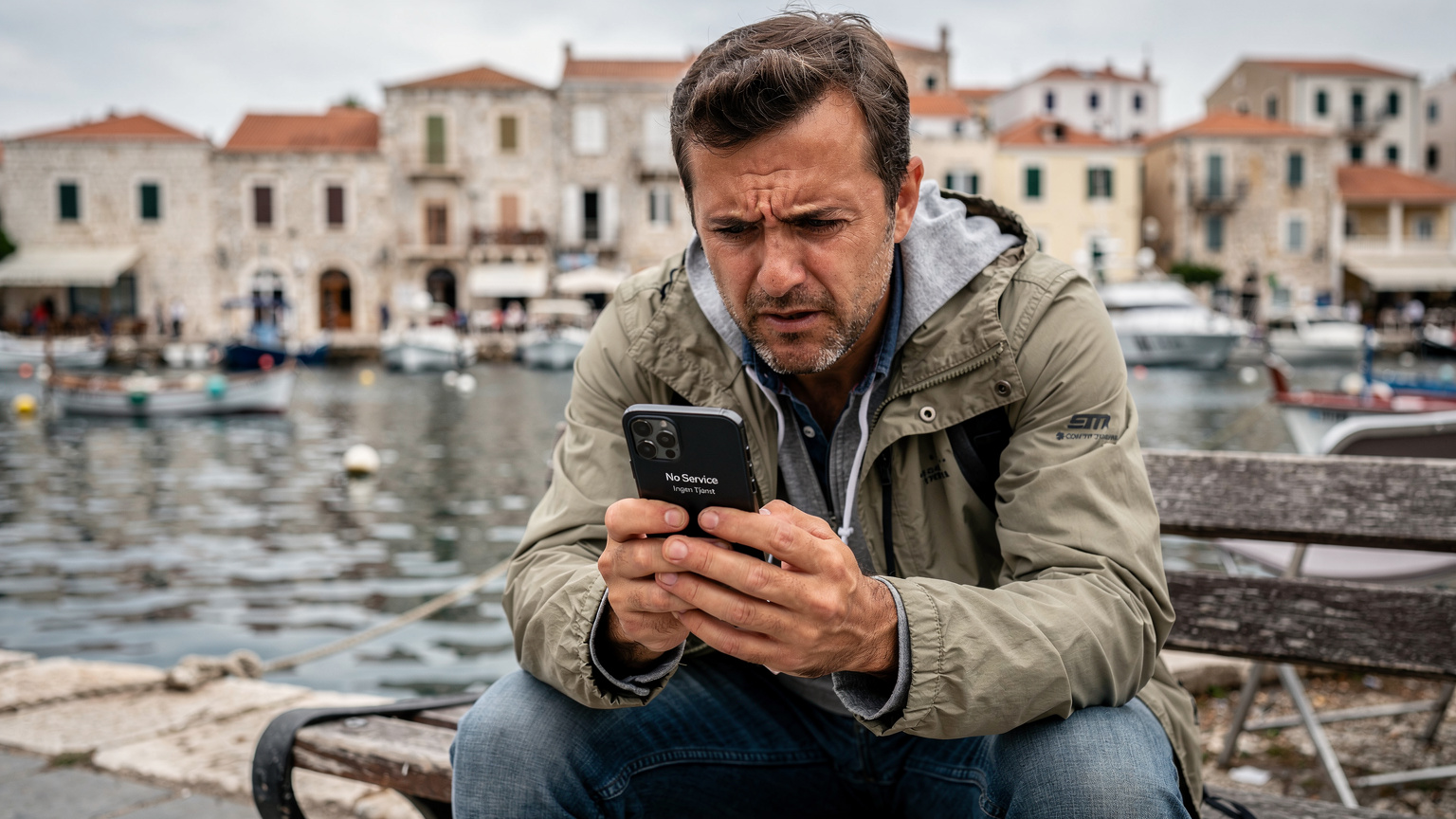 En turist sitter på en bänk vid hamnen i Hydra, ser bekymrad ut medan han tittar på sin telefon som visar meddelandet 'Ingen tjänst'.