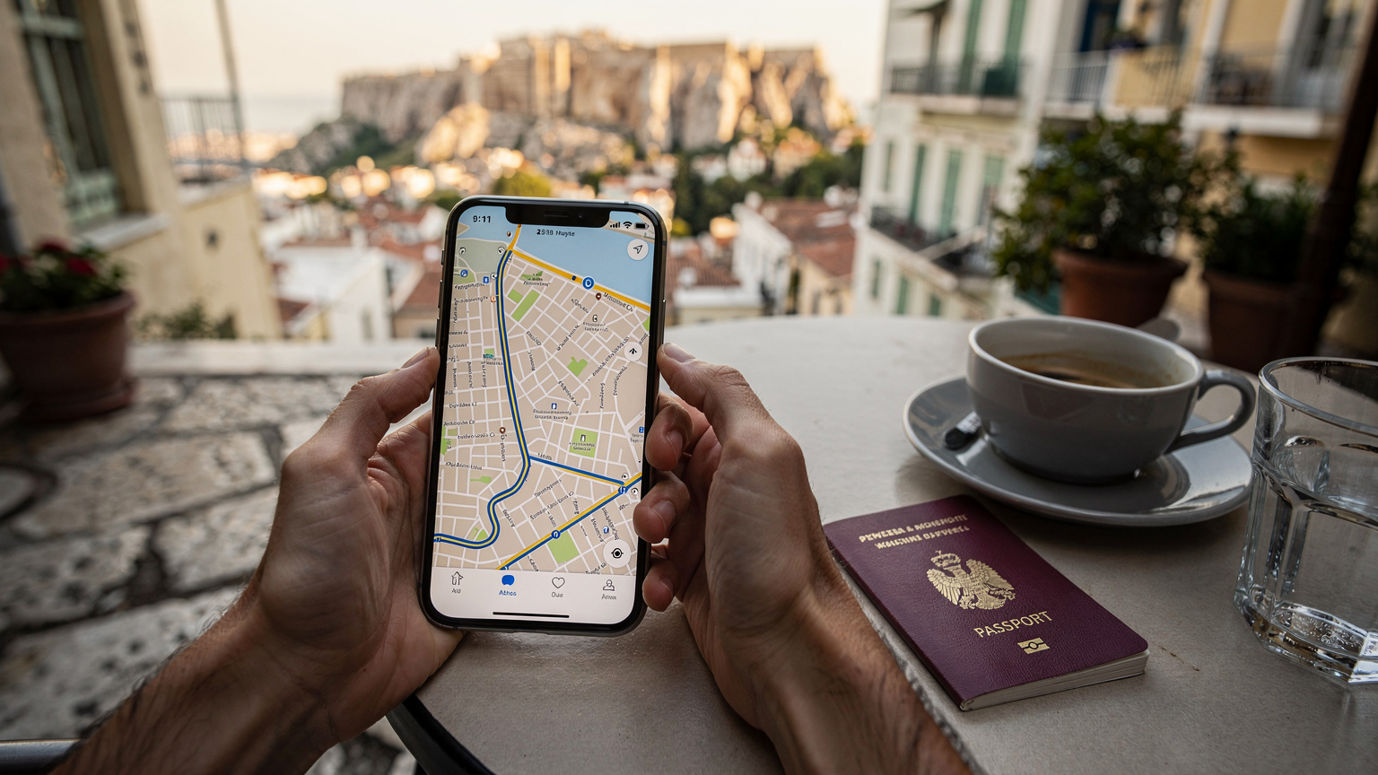 Närbild på en resenärs händer som håller en smartphone med en karta över Aten öppen, med Akropolis i bakgrunden, och ett pass som ligger bredvid.