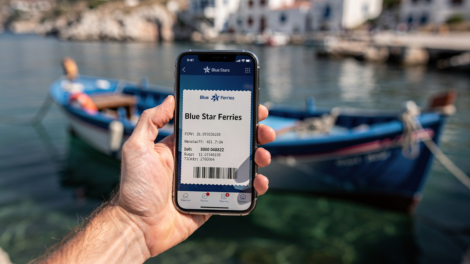 En hand håller en smartphone som visar en digital färjebiljett för en Blue Star Ferries-avgång, med en traditionell grekisk fiskebåt i bakgrunden.