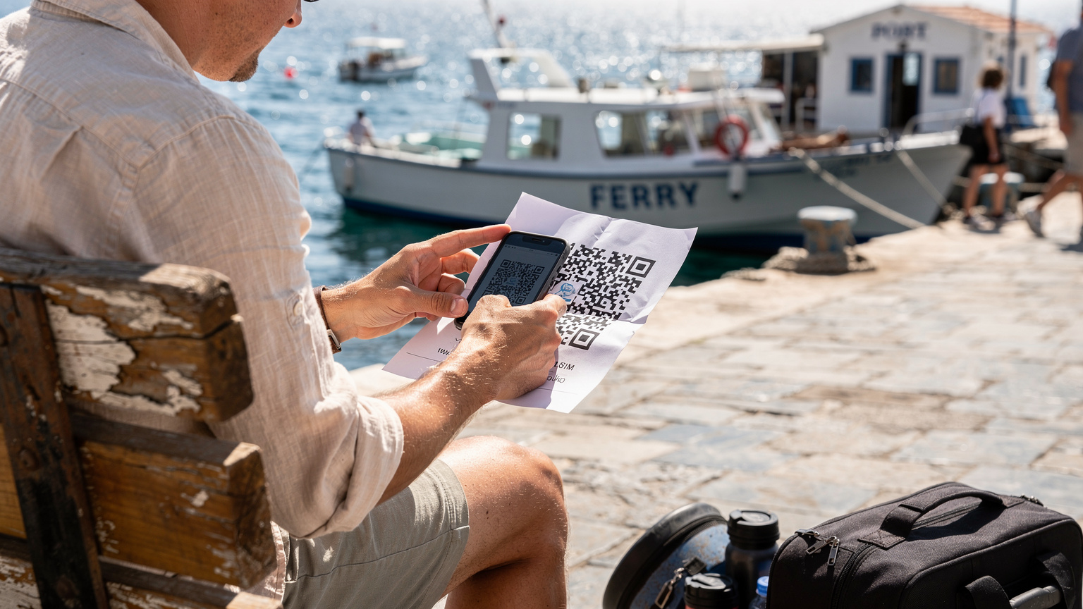 En person skannar en QR-kod med sin telefon för att aktivera ett eSIM medan de väntar på en färja i hamnen på en grekisk ö.