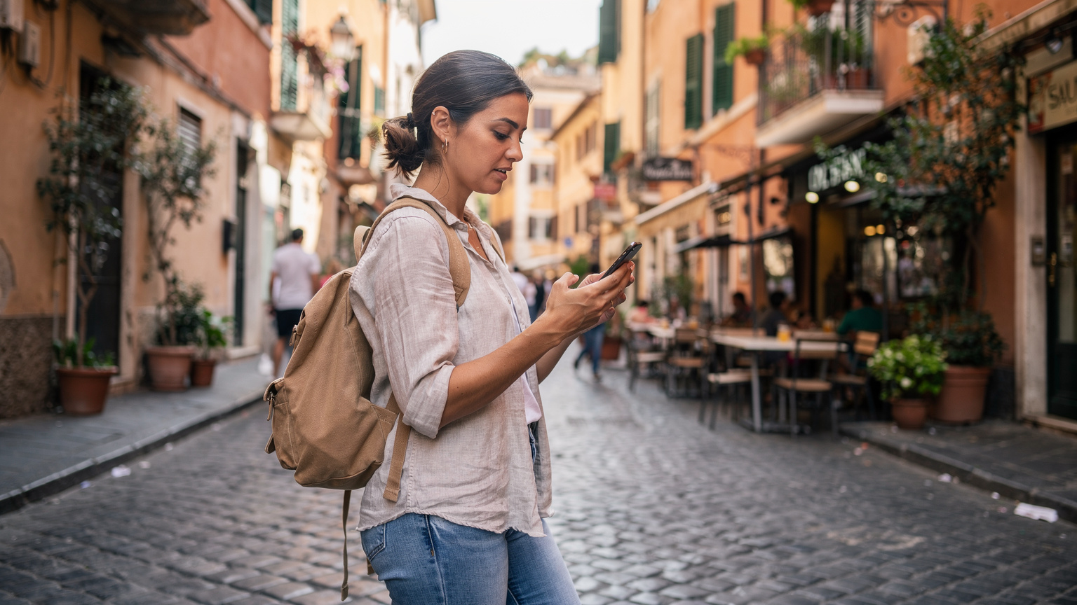 A young traveler uses her smartphone to check directions on a bustling street in Rome, with ancient architecture in the background.