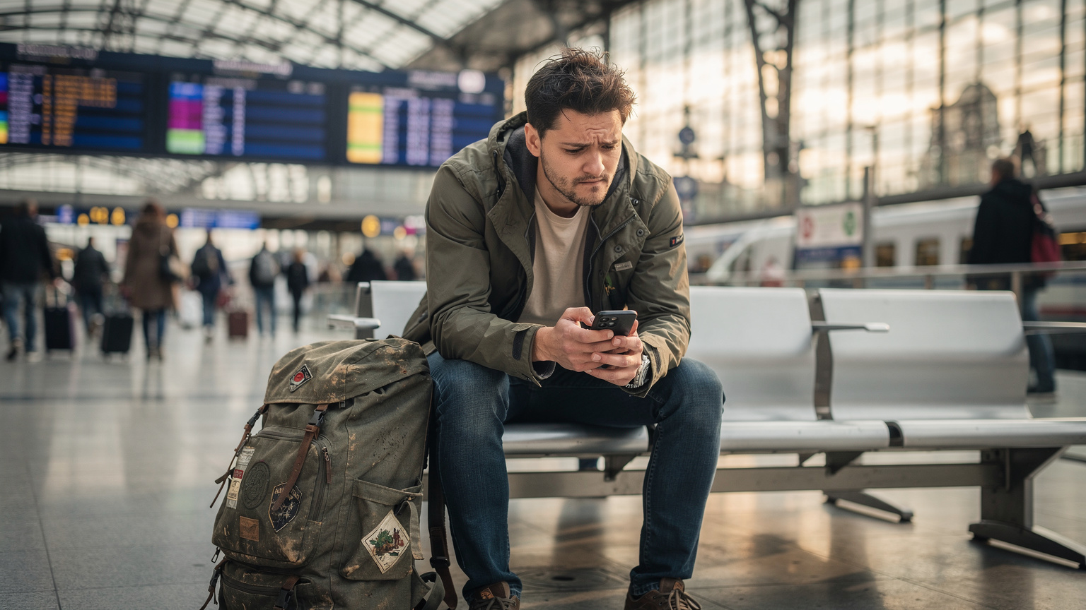 A backpacker sits on a bench at a busy European train station, looking frustratedly at their phone screen, perhaps due to a connectivity issue.
