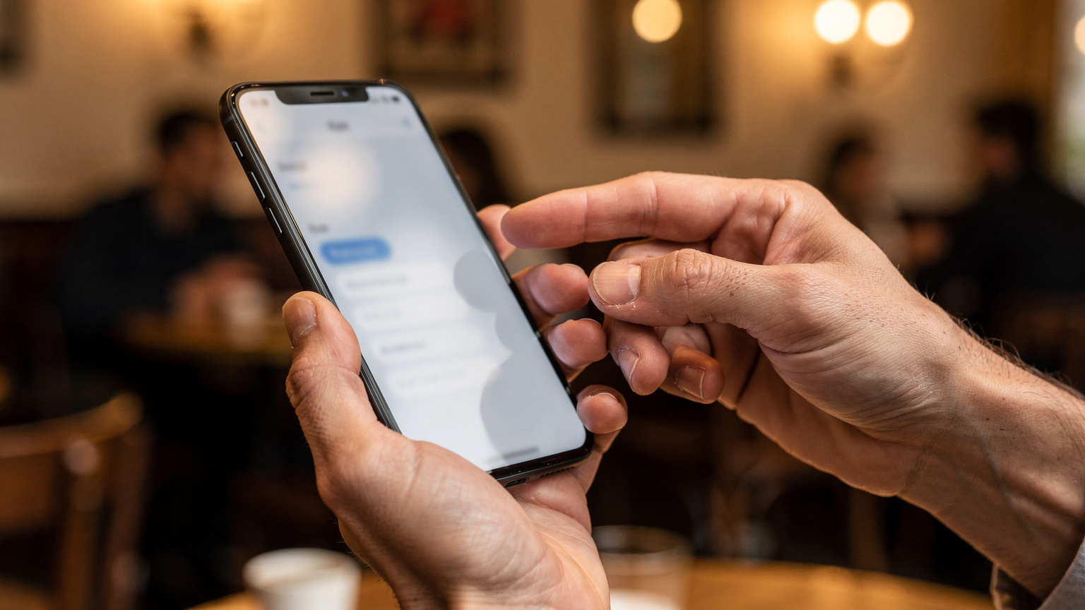 Close-up of human hands, one holding a smartphone displaying a settings menu, with the other finger poised to tap, against a blurry backdrop of a Parisian cafe interior.