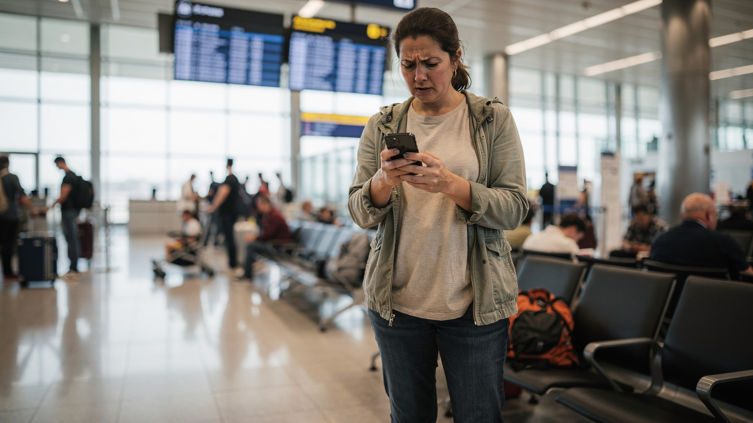 A frustrated parent at a bustling airport gate, holding their smartphone and looking at the screen with a concerned expression, surrounded by luggage and other travelers.