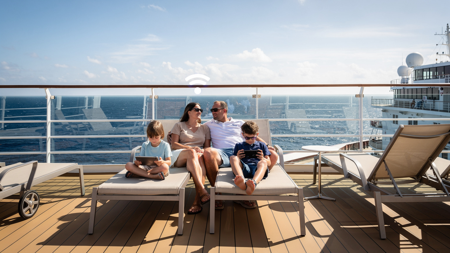 A family (parents and two children) sitting together on a cruise ship deck, looking out at the ocean. One child is engrossed in an iPad, the other in a Nintendo Switch, both subtly reflecting the data connection.