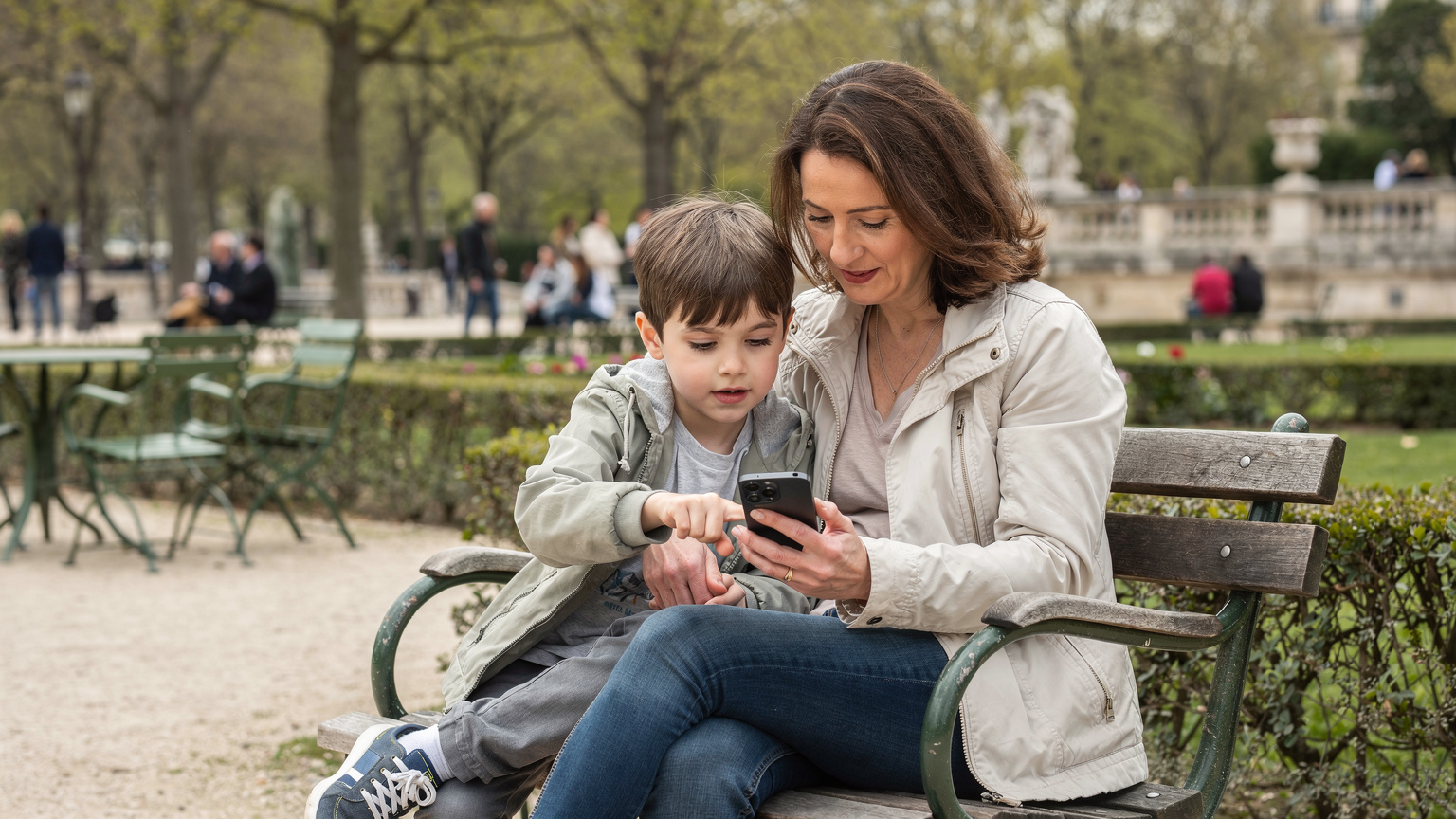 Una madre y su hijo de unos 10 años consultan un mapa digital en un smartphone, sentados en un banco en un concurrido parque parisino, planificando su siguiente actividad.
