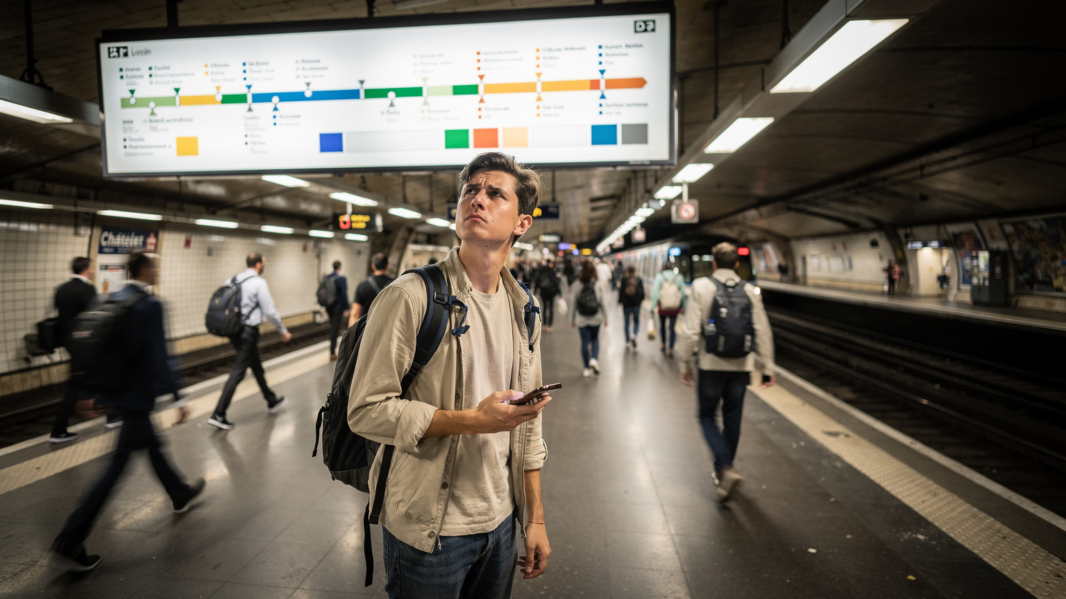 Un joven turista, con una mochila y un smartphone en la mano, mira con leve frustración un cartel informativo en la estación de metro de Châtelet–Les Halles en París, mientras la multitud pasa a su lado.
