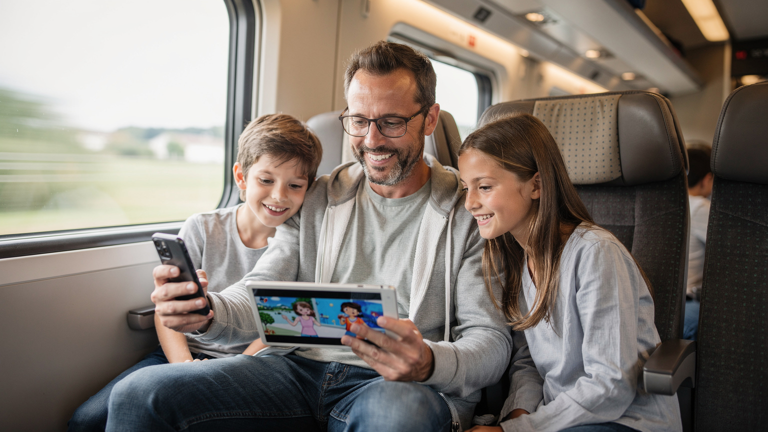 Un padre con gafas sonríe al mirar la pantalla de su smartphone, mientras sus hijos, de unos 8 y 10 años, observan atentamente un video en una tablet que él sostiene, sentados cómodamente en un vagón de tren de alta velocidad en Francia.