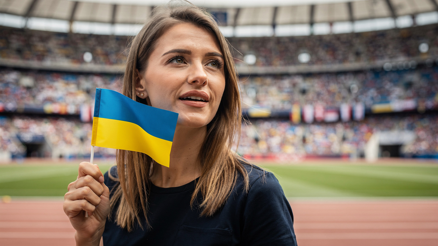 Українська вболівальниця з прапорцем дивиться на змагання на Олімпіаді в Парижі.