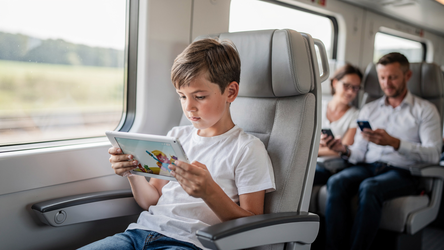 Un copil concentrat pe un iPad, vizionând un desen animat, în timp ce părinții își verifică telefoanele, toți fiind așezați confortabil într-un tren ICE modern, care traversează peisajul german.