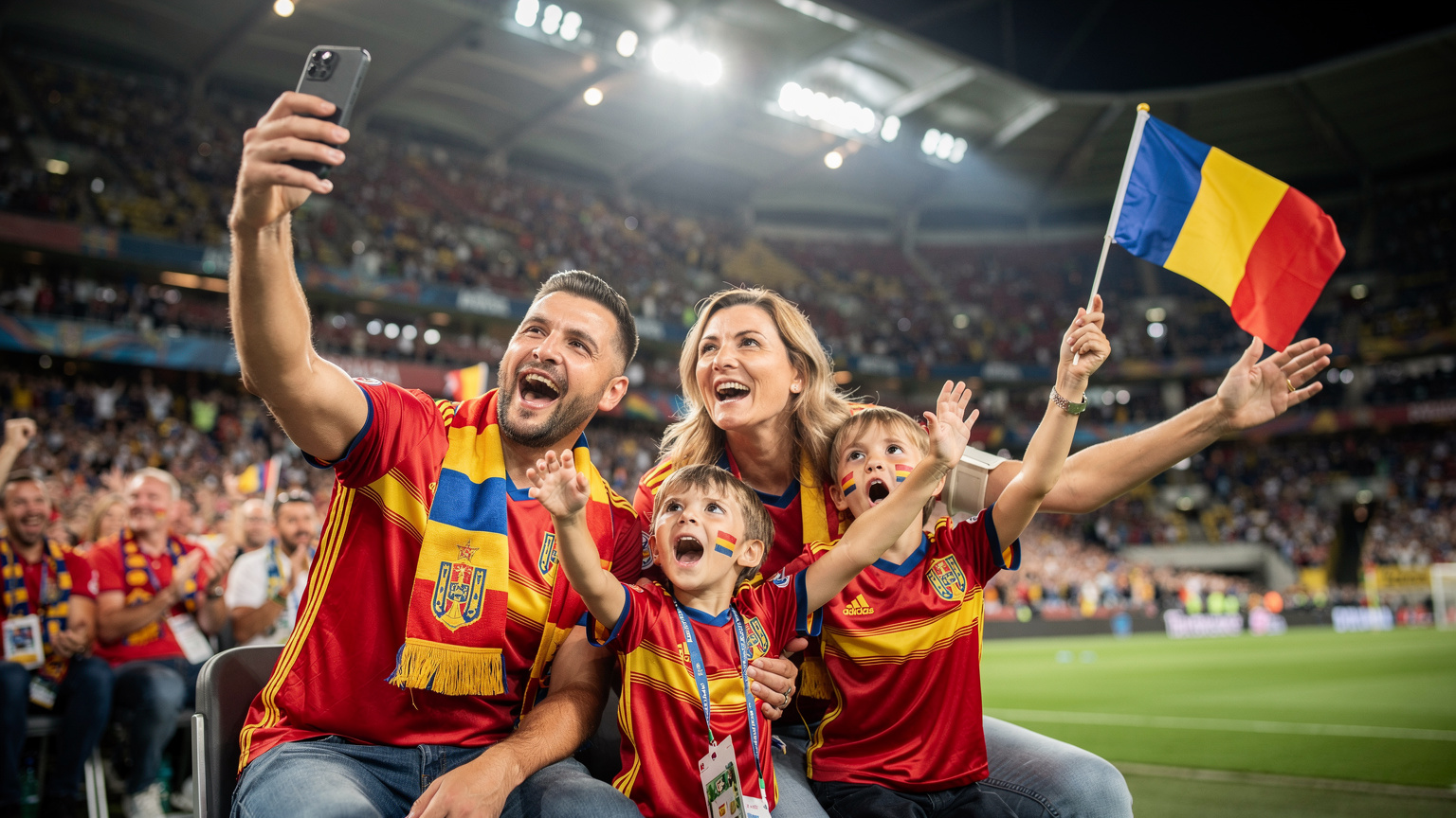 O familie română, entuziasmată, într-un stadion vibrant din Germania, probabil la un meci de fotbal Euro 2026, cu părinții folosind un telefon pentru a captura momentul, iar copiii, în tricouri de suporteri, fluturând steaguri mici ale României.