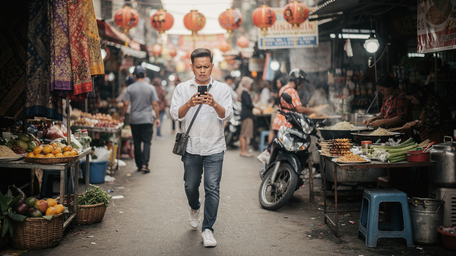 A traveler uses their phone to check directions while navigating a bustling street market in Jakarta, with street food vendors and colourful textiles in the background.
