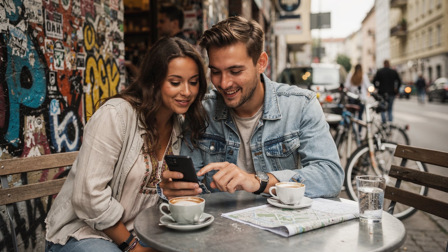 Un couple de voyageurs consulte une carte numérique sur un smartphone, assis à la terrasse d'un café dans le quartier animé de Kreuzberg à Berlin, avec des graffitis colorés en arrière-plan.