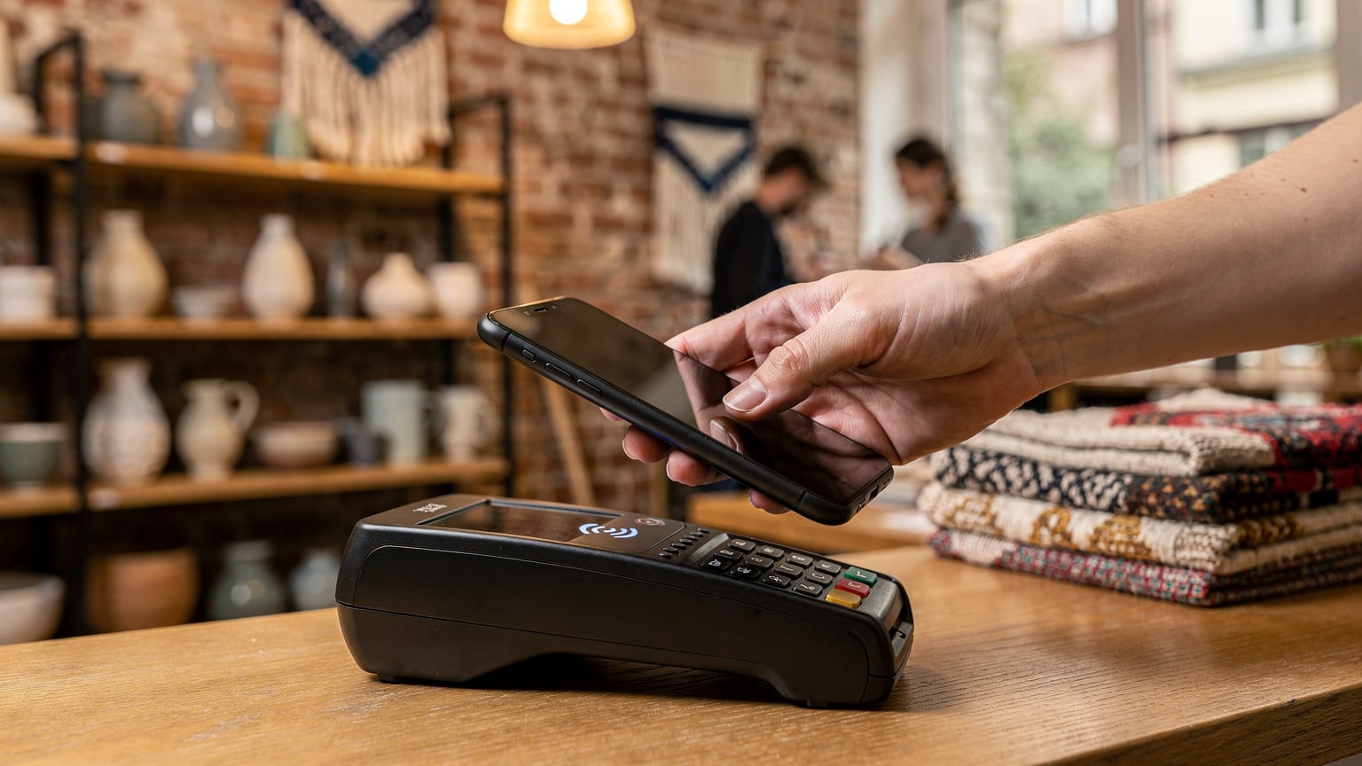 Une main tenant un smartphone effectue un paiement sans contact sur un terminal dans une petite boutique d'artisanat du quartier de Hackescher Markt à Berlin. L'arrière-plan montre des articles faits à la main.