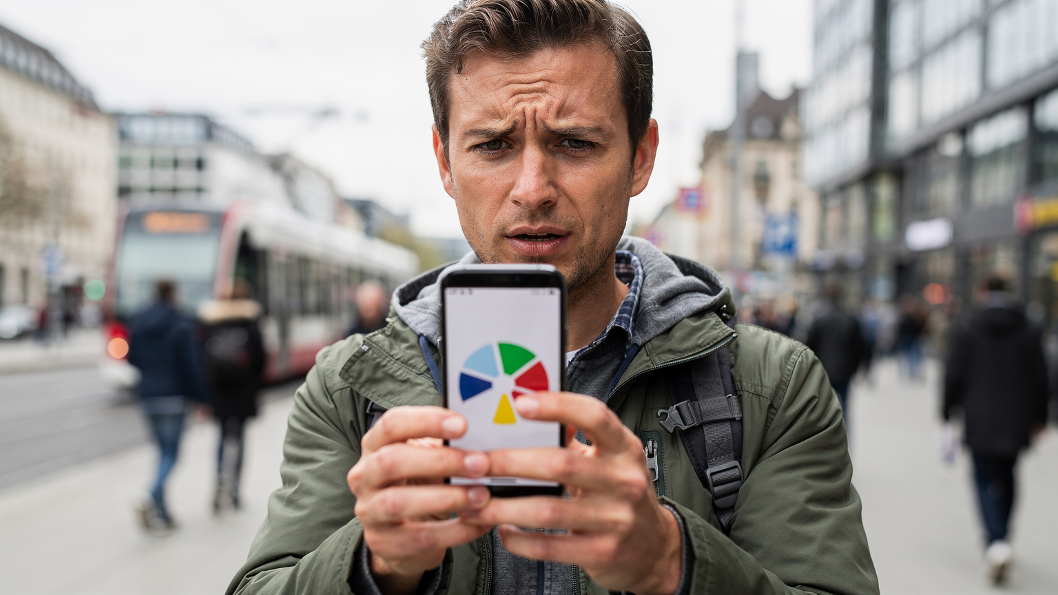O persoană ține un smartphone care afișează o eroare de conexiune la rețea, cu o expresie de ușoară frustrare, într-un mediu urban aglomerat din Germania.