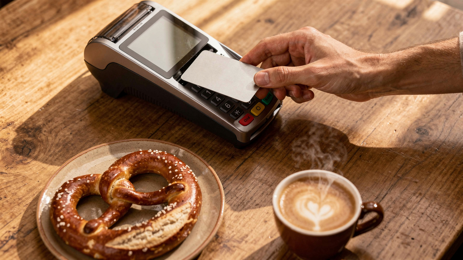 O mână introduce un card bancar într-un terminal de plată POS la o cafenea din Berlin, cu o chiflă Brezel și o cană de cafea pe masă.