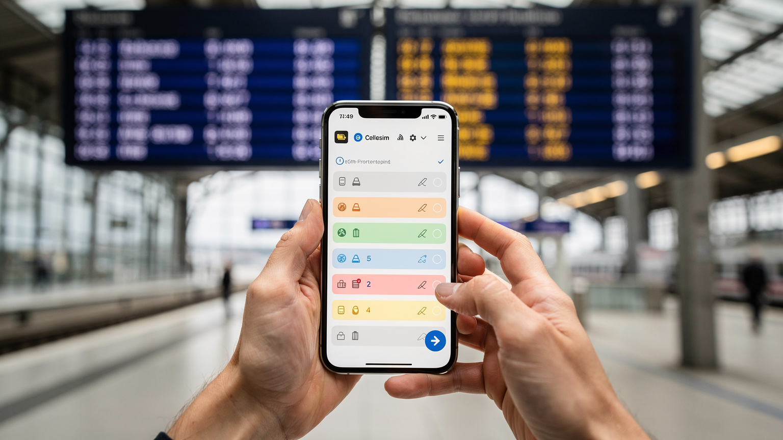 Un călător folosește un telefon cu eSIM pentru a verifica un orar de tren într-o gară modernă din Germania, având în fundal panouri digitale de informații despre trenuri.