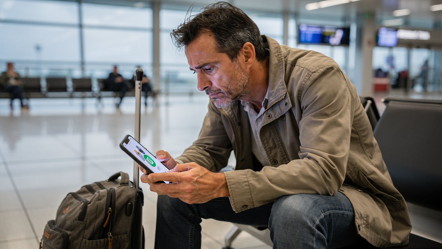 Un călător cu o expresie frustrată, privind ecranul telefonului care afișează o eroare de conectare, într-un colț liniștit al unui aeroport european, cu bagaje lângă el.