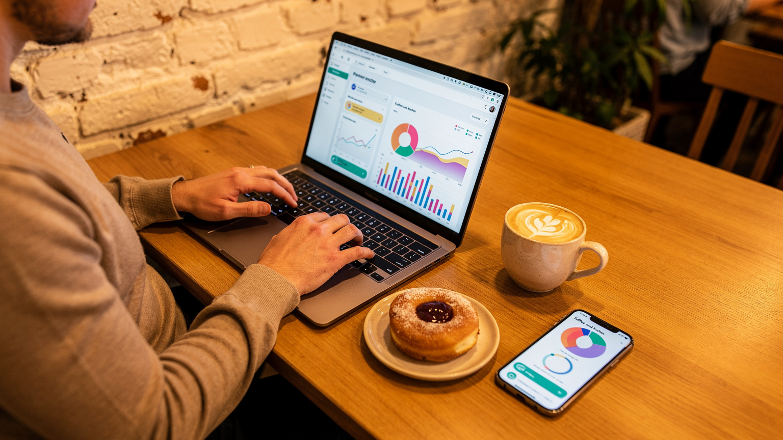 Un călător într-o cafenea modernă din zona Mitte, Berlin, cu laptopul deschis și un telefon lângă el, afișând un ecran de monitorizare a consumului de date, cu o cafea și o patiserie locală pe masă.