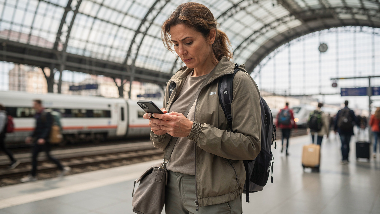 Un călător verificând setările eSIM pe un telefon modern în fața unei gări aglomerate din Berlin, simbolizând tranzitul și conectivitatea.