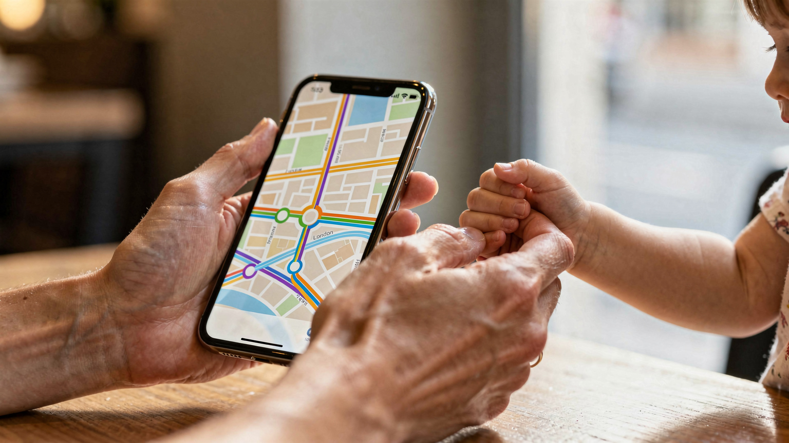 Bir annenin elinde tuttuğu telefonunda, Londra'nın bir haritasını gösteren bir navigasyon uygulaması açıkken, diğer elinde bir çocuğun küçük eli annesinin parmağını tutuyor. Bu, ailece seyahat ederken internet bağlantısının ne kadar önemli olduğunu gösteriyor.