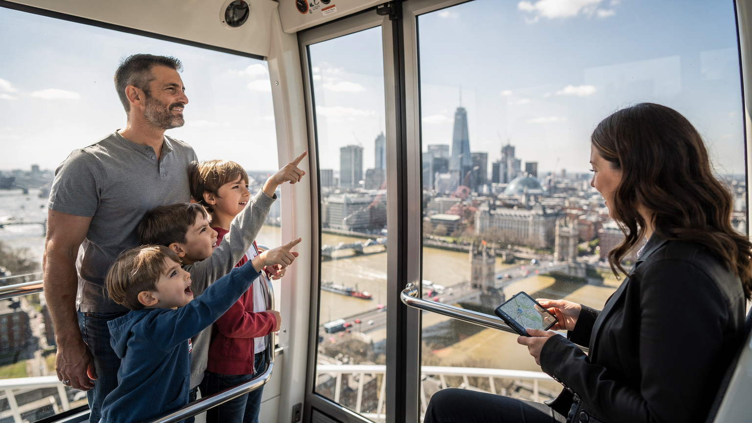 Bir aile, Londra'daki bir teleferik kabininin içinden Thames Nehri ve şehir manzarasını izliyor. Çocuklar heyecanla dışarıyı işaret ederken, anne elindeki telefonda haritayı kontrol ediyor. Seyahat ederken çocukları oyalamanın yollarından biri de farklı ulaşım araçlarını deneyimlemek olabilir.
