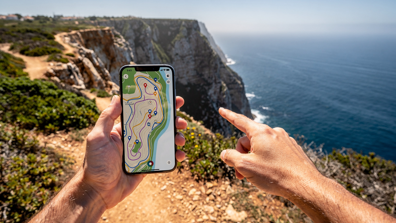 Uma mão segura um smartphone mostrando um mapa de trilhas na tela, enquanto a outra aponta para uma paisagem natural deslumbrante na Costa Vicentina, Portugal, com falésias e o oceano ao fundo.