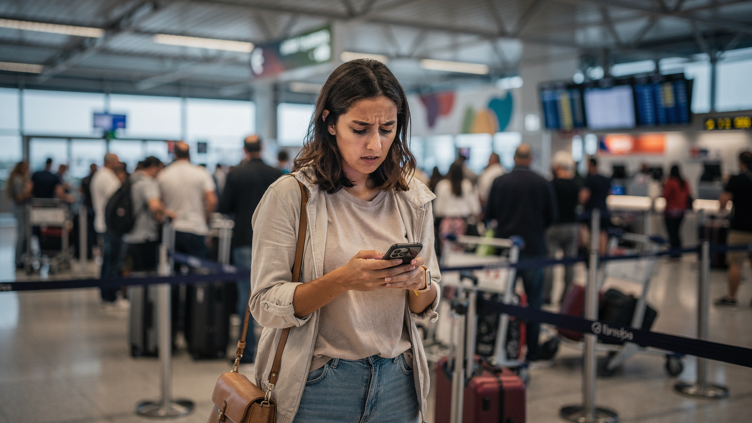 Uma mulher jovem, com expressão preocupada, olha para o seu smartphone enquanto espera na fila do aeroporto de Lisboa, com malas de viagem ao redor.