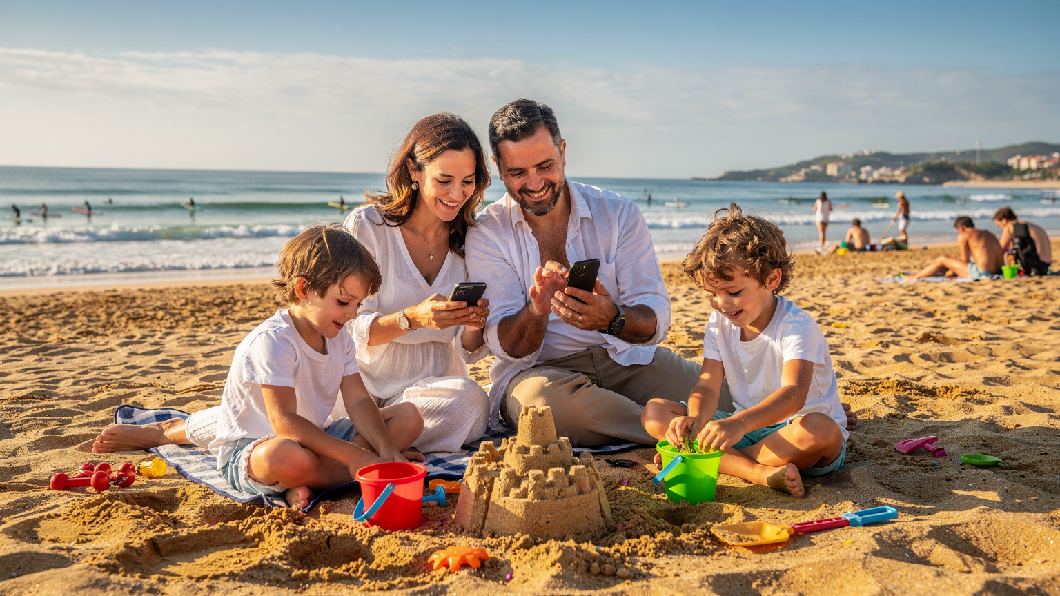 Uma família com crianças brinca na areia da praia de Carcavelos, perto de Lisboa, enquanto os pais verificam seus smartphones com um sinal 5G nítido e rápido.