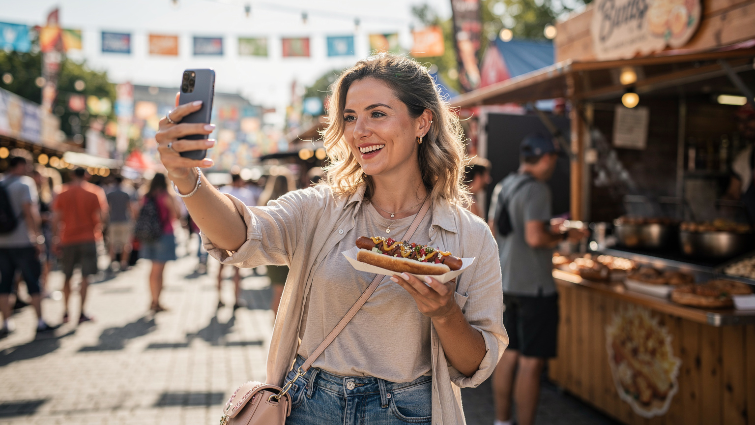 Žena v rušné ulici s jídlem v ruce se usmívá a fotí si selfie. Na pozadí je vidět typická festivalová atmosféra s stánky s jídlem a dekoracemi.