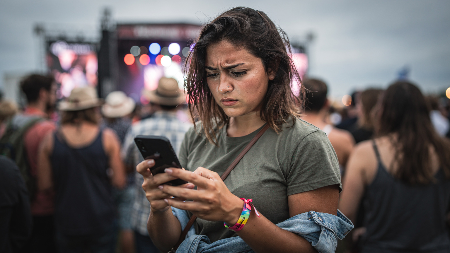 Mladá žena s festivalovým náramkem na zápěstí a výrazem frustrace zírá na svůj telefon, kde se na obrazovce zobrazuje ikona slabého signálu. Za ní je rozmazaný dav lidí a festivalové pódium.