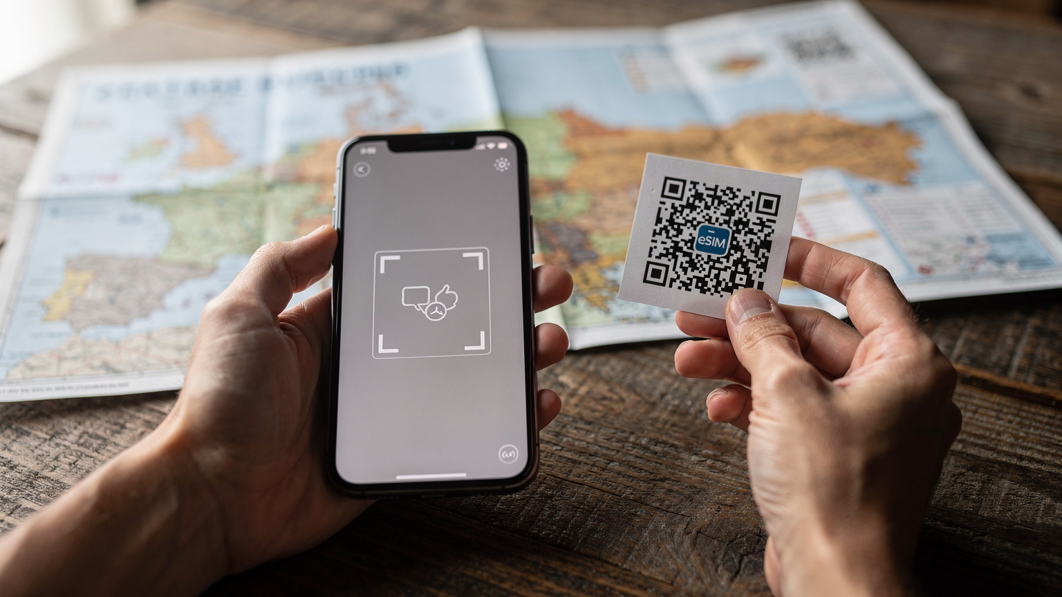 Zblízka záber na ruky cestovateľa, ktorý drží moderný smartfón s otvorenou aplikáciou na skenovanie QR kódov. Druhá ruka drží vytlačený QR kód pre eSIM. V pozadí je rozmazaná mapa strednej Európy na stole.