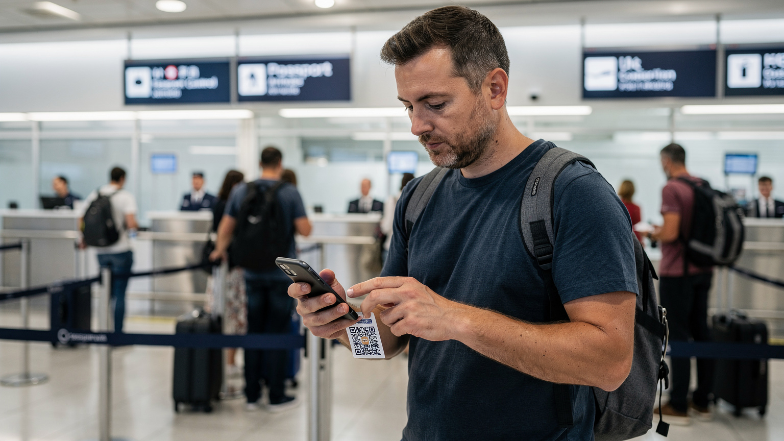 Пътник на летището сканира QR код на своя телефон, за да активира eSIM, докато чака на опашката за паспортен контрол.