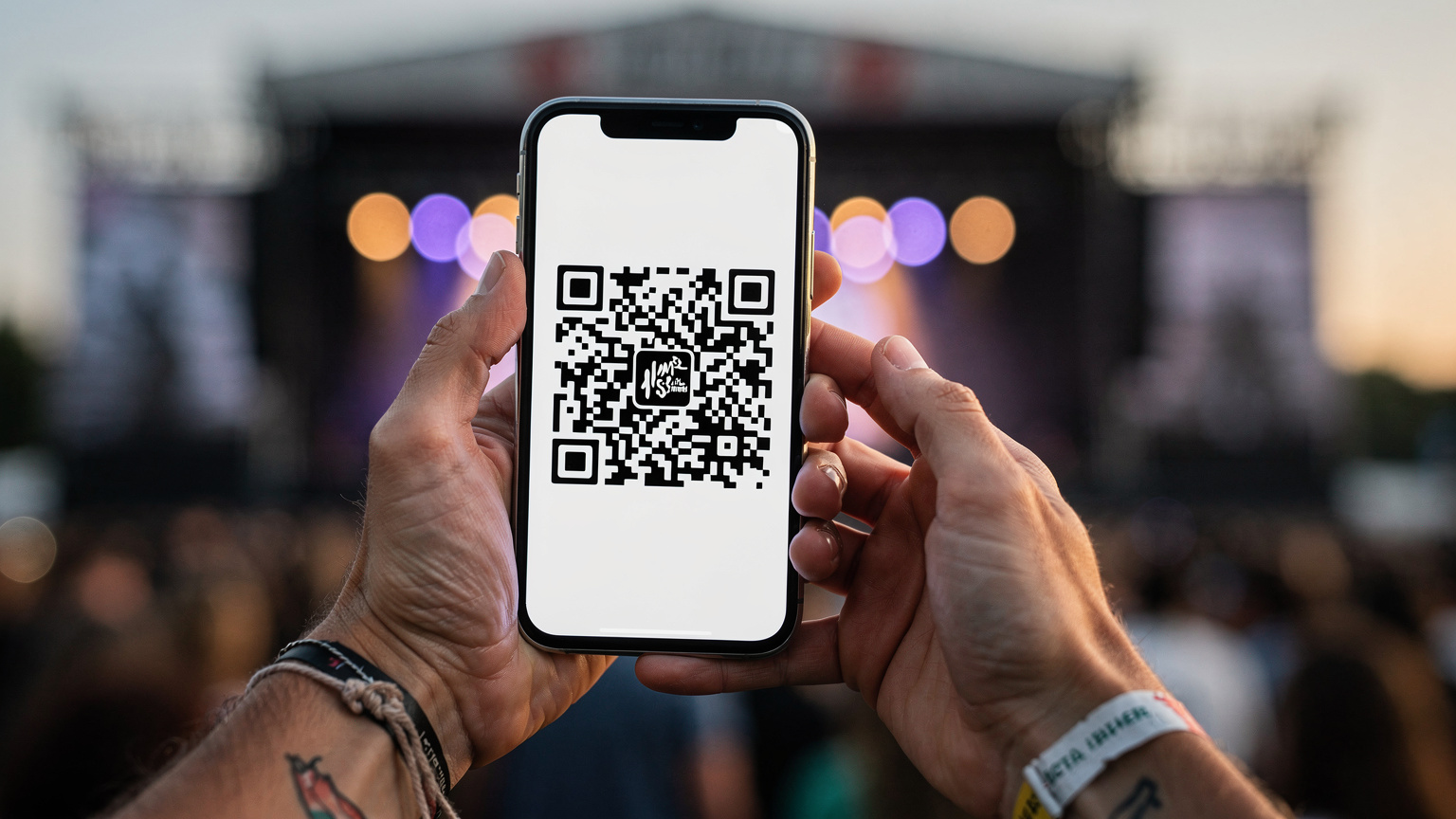 En festivalgænger holder sin smartphone frem med et eSIM-installations-QR-kode på skærmen, i baggrunden anes et glimt af en koncertscene i dæmringen.