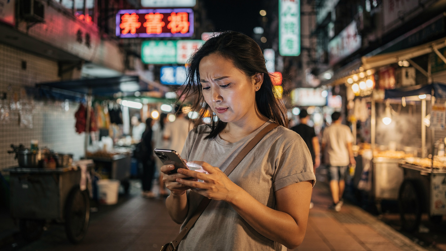 一個媽媽在香港旺角繁忙的街頭,手持 iPhone 正在設置應用程序的數據使用偏好,背景是色彩斑斕的招牌和穿梭的人群。