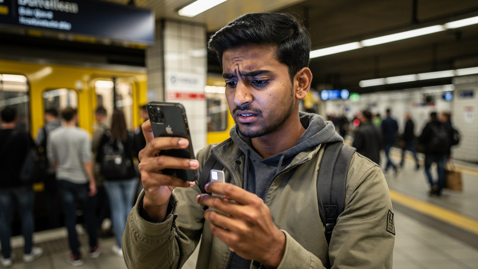 एक युवा भारतीय यात्री बर्लिन के एक व्यस्त BVG U-Bahn स्टेशन पर अपने फोन को परेशानी से देख रहा है, उसके eSIM में कनेक्टिविटी की समस्या है.