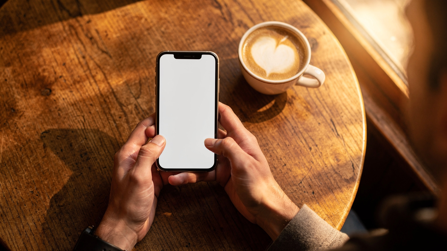Bir kafenin penceresinden içeri vuran altın saat ışığında, elinde kahvesiyle akıllı telefonunda eSIM ayarlarını kontrol eden bir seyyah.