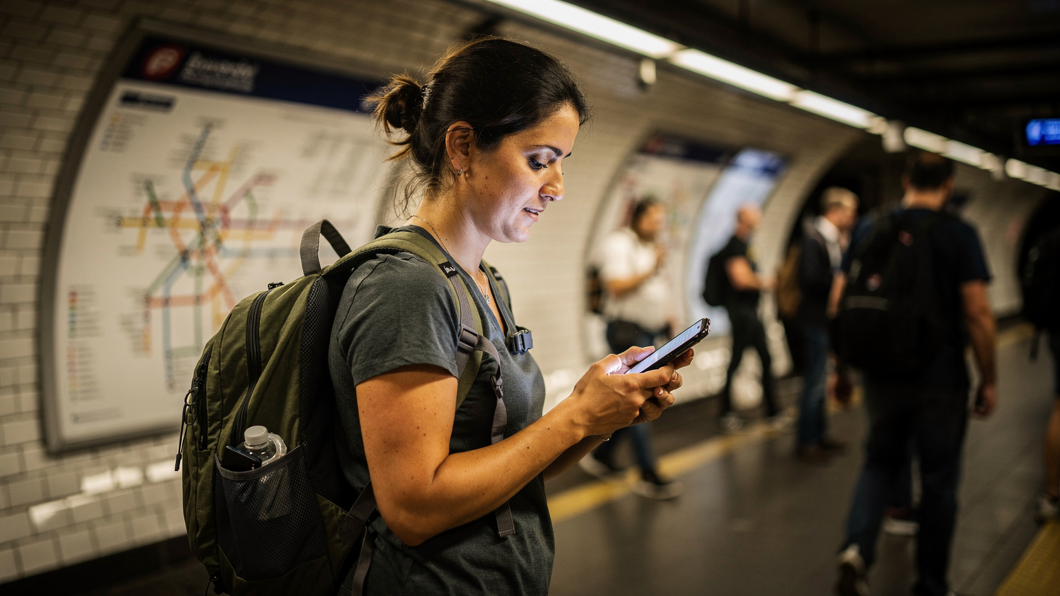 Bir Türk gezgin, Paris'teki bir metro istasyonunda telefonunu çıkarıp eSIM paketini kontrol ederken, arka planda metro haritası ve diğer yolcular.