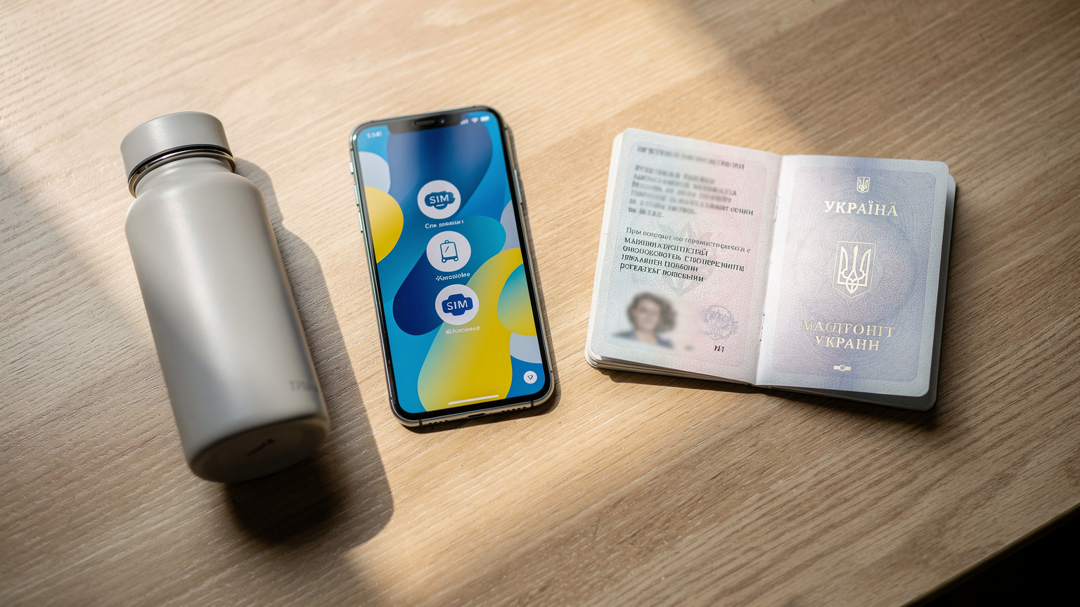 Сучасний смартфон з активним eSIM-профілем лежить на столі разом з українським паспортом та пляшкою води, вказуючи на готовність до подорожі.
