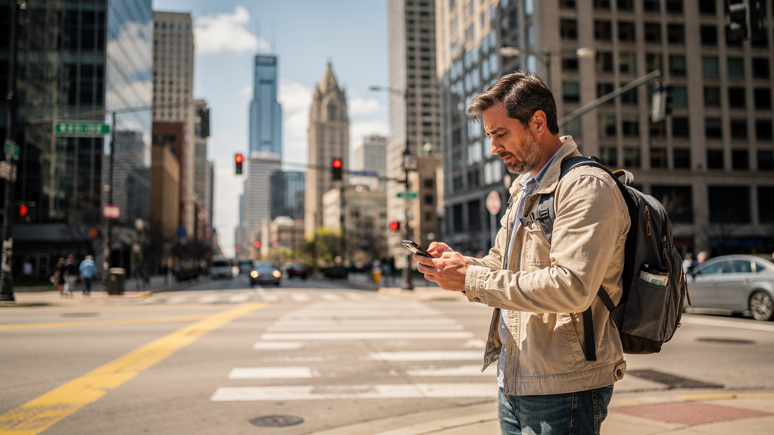 A traveler in downtown Chicago consulting their phone for directions, with the city's iconic architecture in the background.