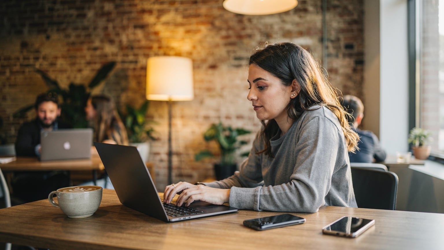 A digital nomad working on a laptop at a co-working space in Austin, Texas, with a coffee and a smartphone nearby.