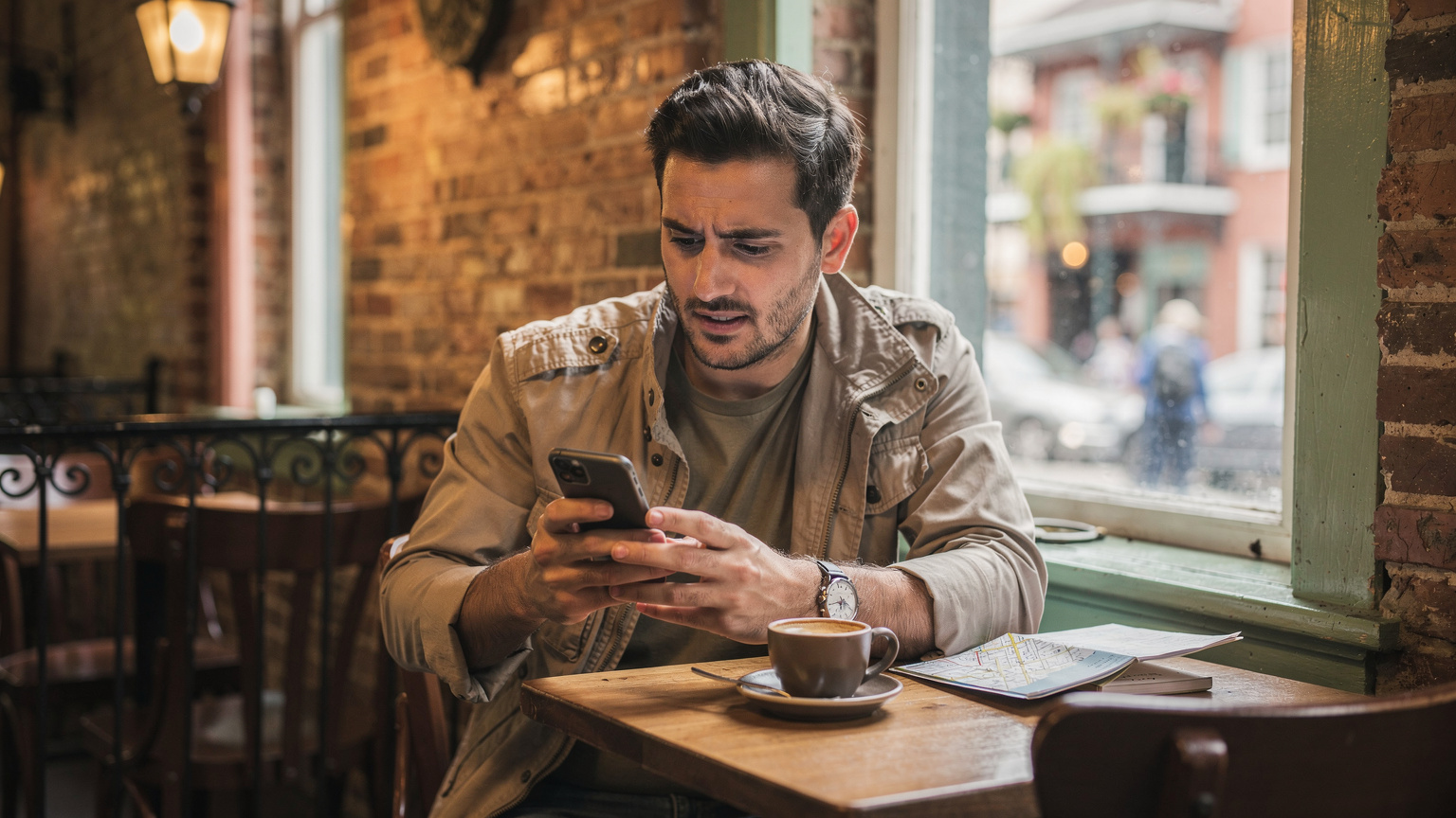 A frustrated traveler at a cafe in New Orleans, looking intently at their smartphone screen, trying to resolve a connectivity issue.