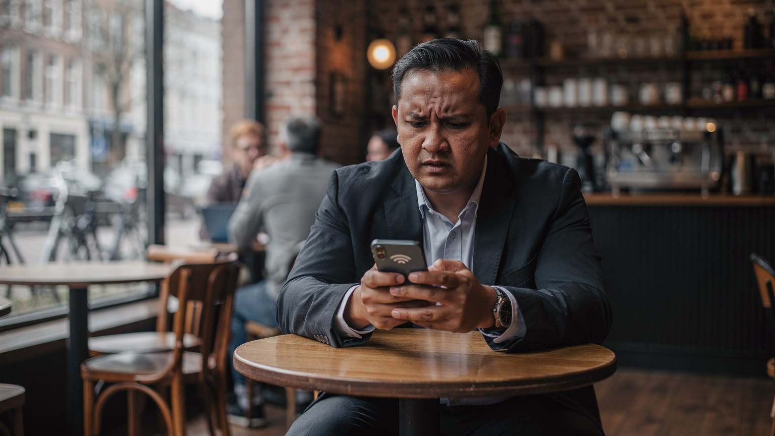 Seorang pengembara bisnes lelaki Malaysia sedang duduk di kafe dengan wajah risau, melihat telefonnya yang menunjukkan ikon 'tiada perkhidmatan', mungkin menghadapi masalah sambungan data di luar negara.