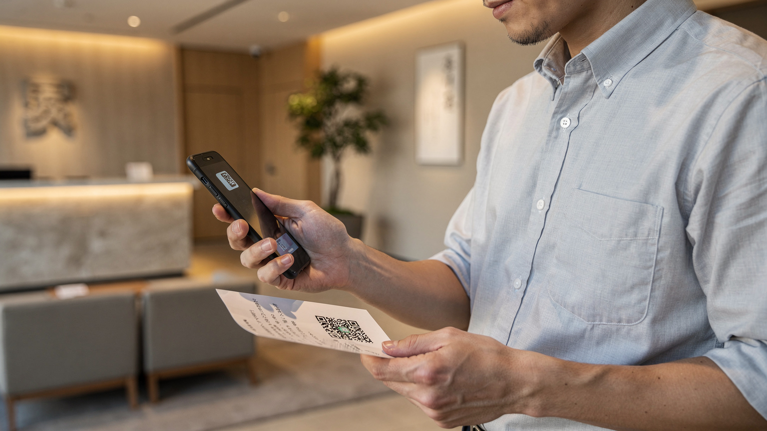 Seorang eksekutif sedang mengimbas kod QR pada dokumen untuk mengaktifkan eSIM pada telefonnya di lobi hotel yang tenang di Osaka.